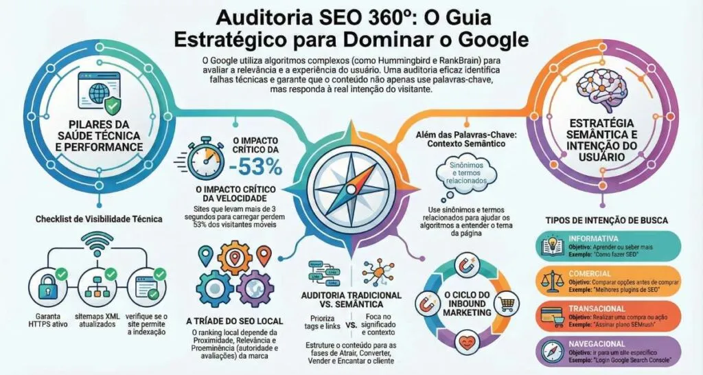 Relatório de auditoria de SEO Local da KAMD mostrando gargalos de velocidade e conversão para empresas de serviços.

