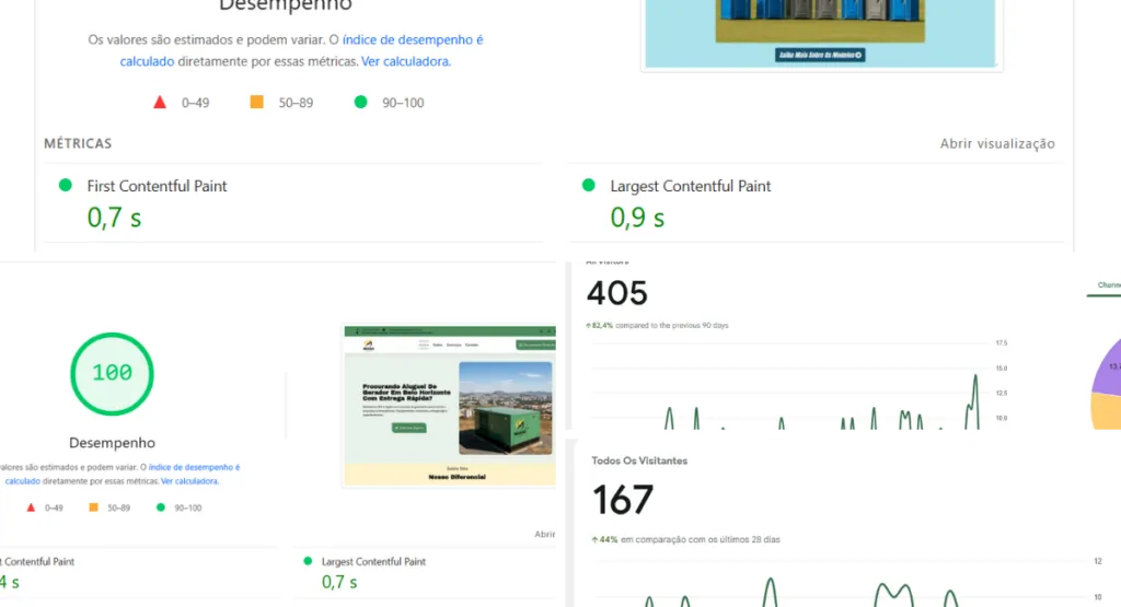 print de do page speed, gt metrix, google search console, notas máximas de sites criados pela agência kamd