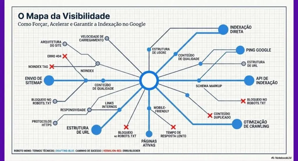 Infográfico mostrando o processo de rastreamento, indexação e classificação de um site no robô do Google.