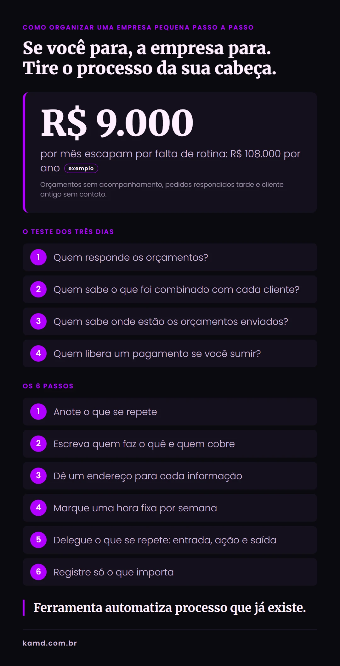 Infográfico com os 6 passos para organizar uma empresa pequena de serviço